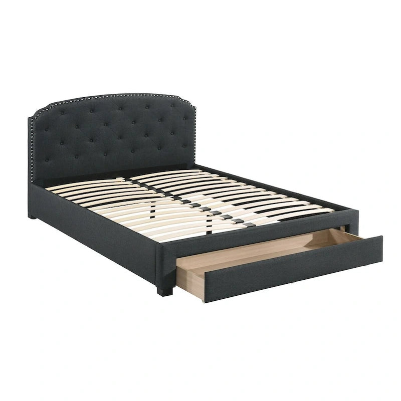 Charcoal Button-Tufted Upholstered King Bed with Underbed Drawer – Sleeps 2