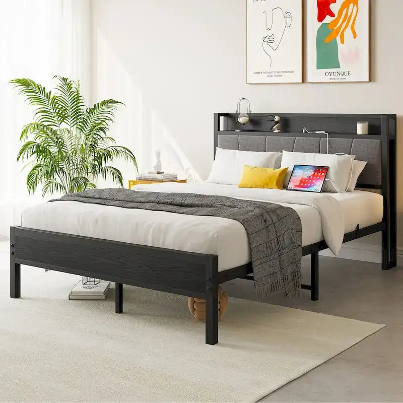 Full Size Bed Frame, Black Upholstered Storage Headboard with Charging Station, For 1 Person