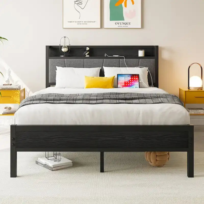 Full Size Bed Frame, Black Upholstered Storage Headboard with Charging Station, For 1 Person