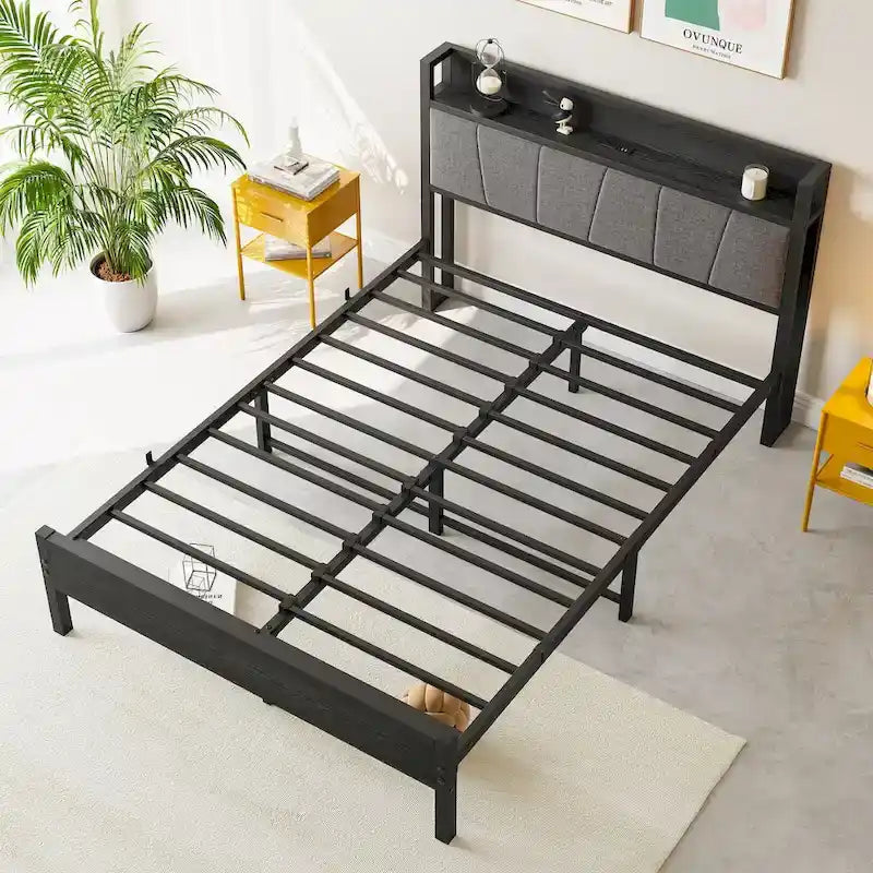 Full Size Bed Frame, Black Upholstered Storage Headboard with Charging Station, For 1 Person