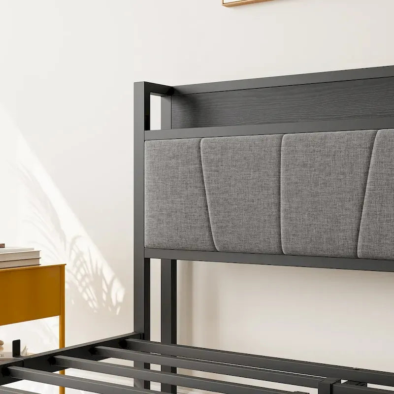 Full Size Bed Frame, Black Upholstered Storage Headboard with Charging Station, For 1 Person