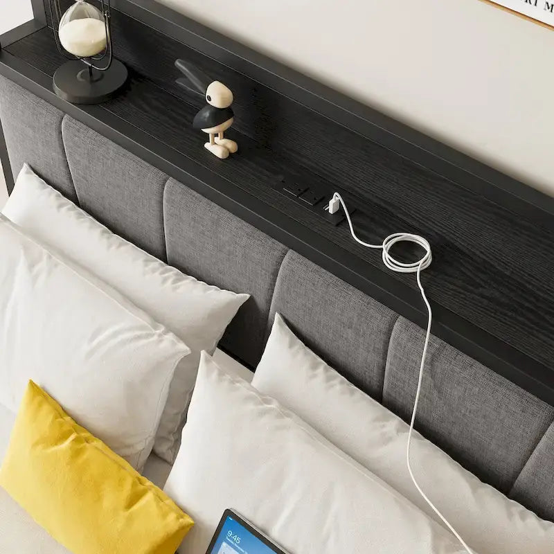 Full Size Bed Frame, Black Upholstered Storage Headboard with Charging Station, For 1 Person