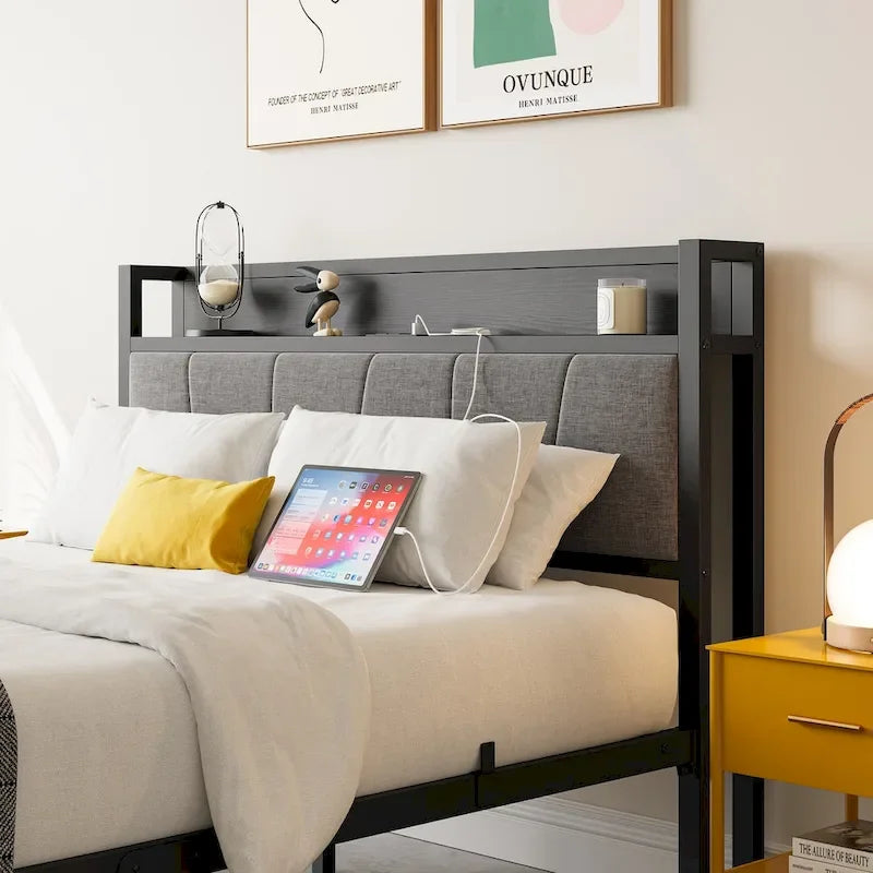 Full Size Bed Frame, Black Upholstered Storage Headboard with Charging Station, For 1 Person