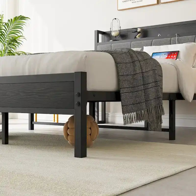 Full Size Bed Frame, Black Upholstered Storage Headboard with Charging Station, For 1 Person