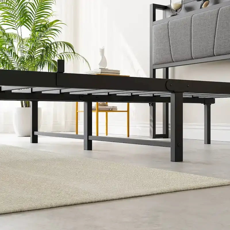 Full Size Bed Frame, Black Upholstered Storage Headboard with Charging Station, For 1 Person