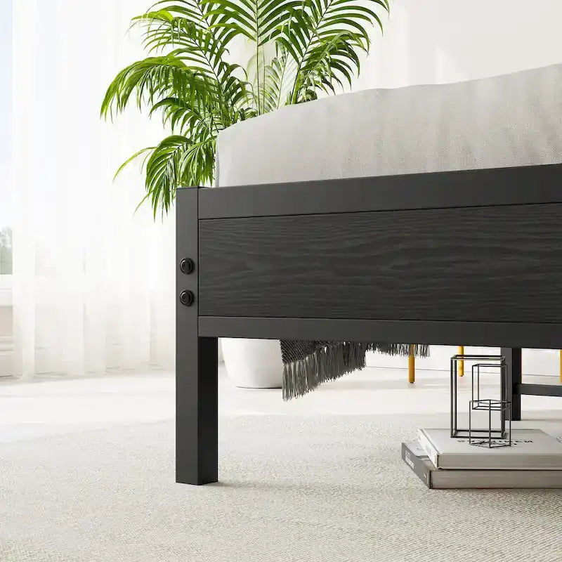 Full Size Bed Frame, Black Upholstered Storage Headboard with Charging Station, For 1 Person