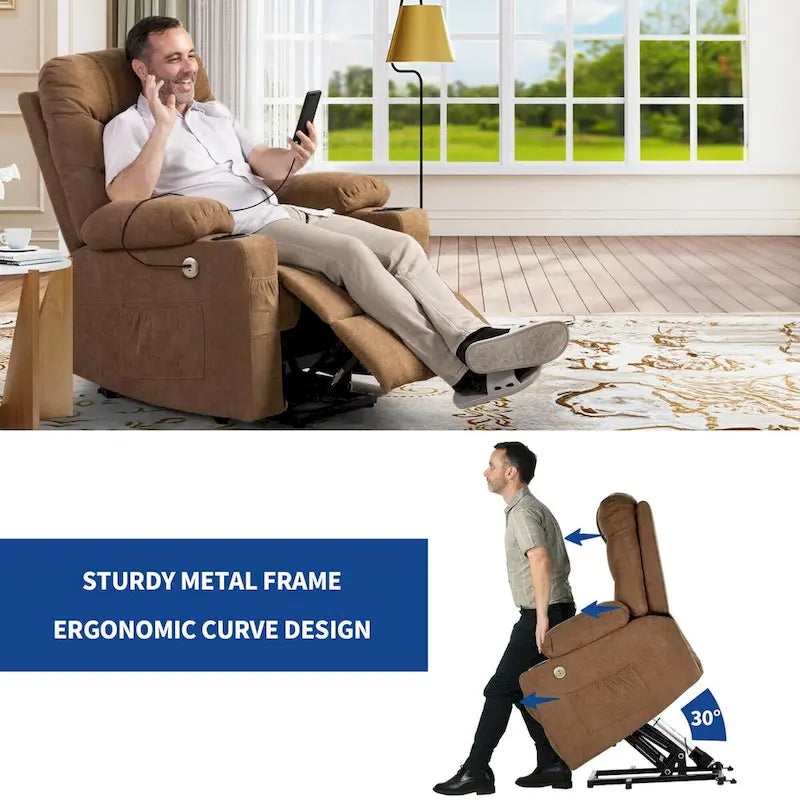 Grey/Brown Power Lift Massage Recliner Chair, Single Seat