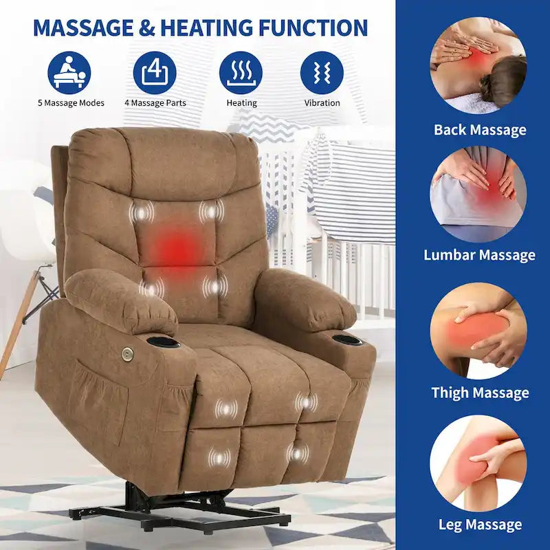 Grey/Brown Power Lift Massage Recliner Chair, Single Seat