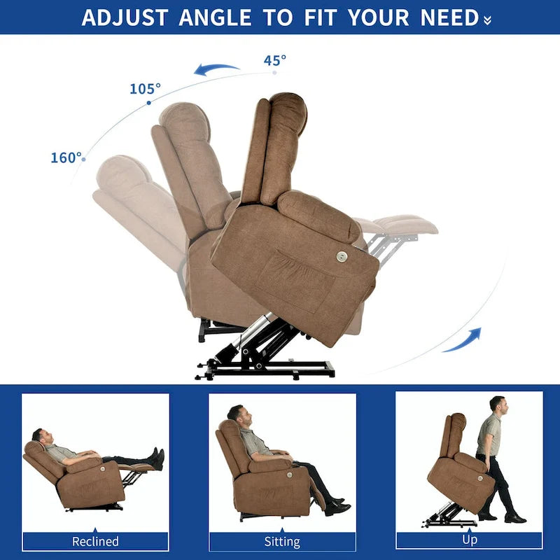 Grey/Brown Power Lift Massage Recliner Chair, Single Seat