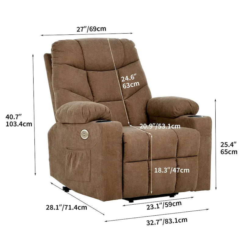 Grey/Brown Power Lift Massage Recliner Chair, Single Seat