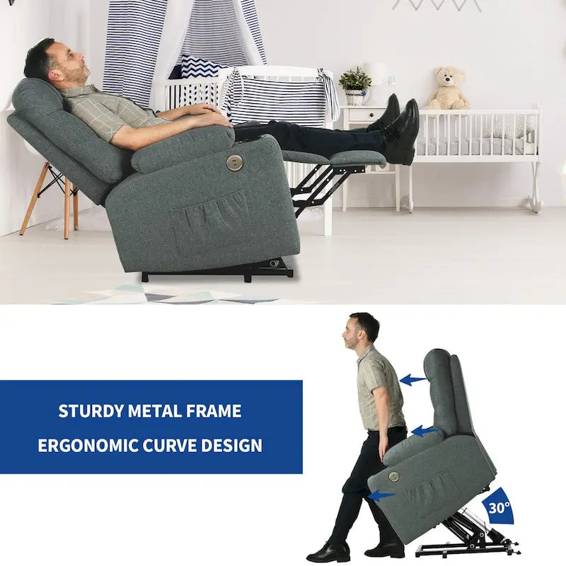 Grey/Brown Power Lift Massage Recliner Chair, Single Seat