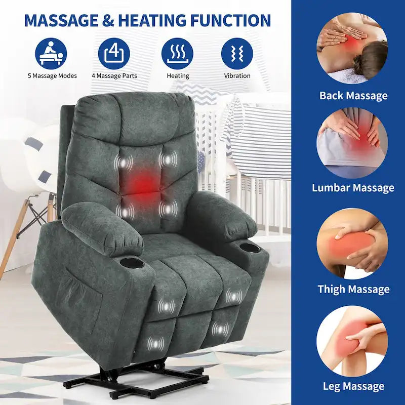 Grey/Brown Power Lift Massage Recliner Chair, Single Seat