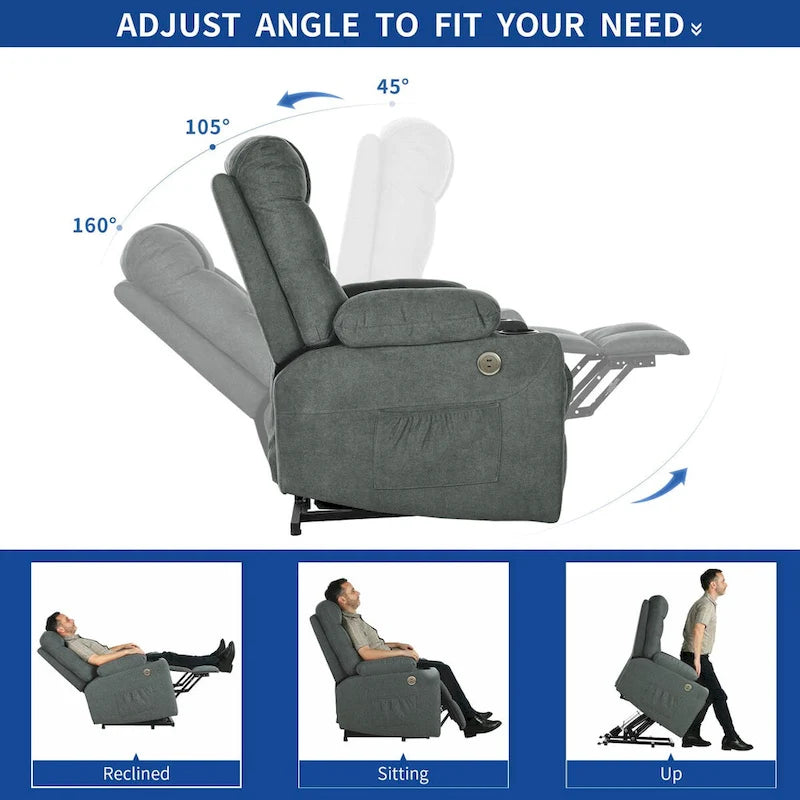 Grey/Brown Power Lift Massage Recliner Chair, Single Seat