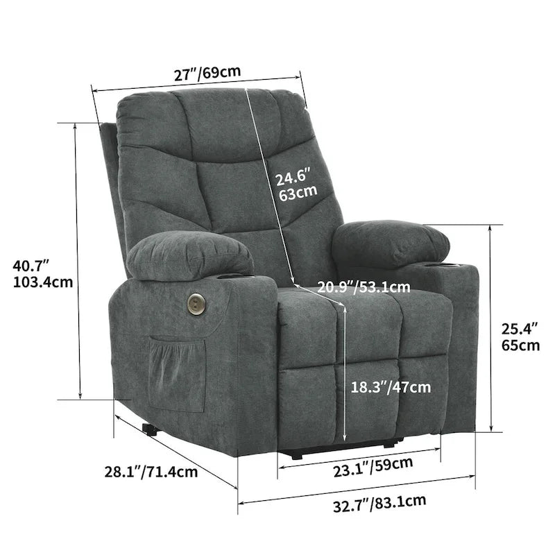 Grey/Brown Power Lift Massage Recliner Chair, Single Seat