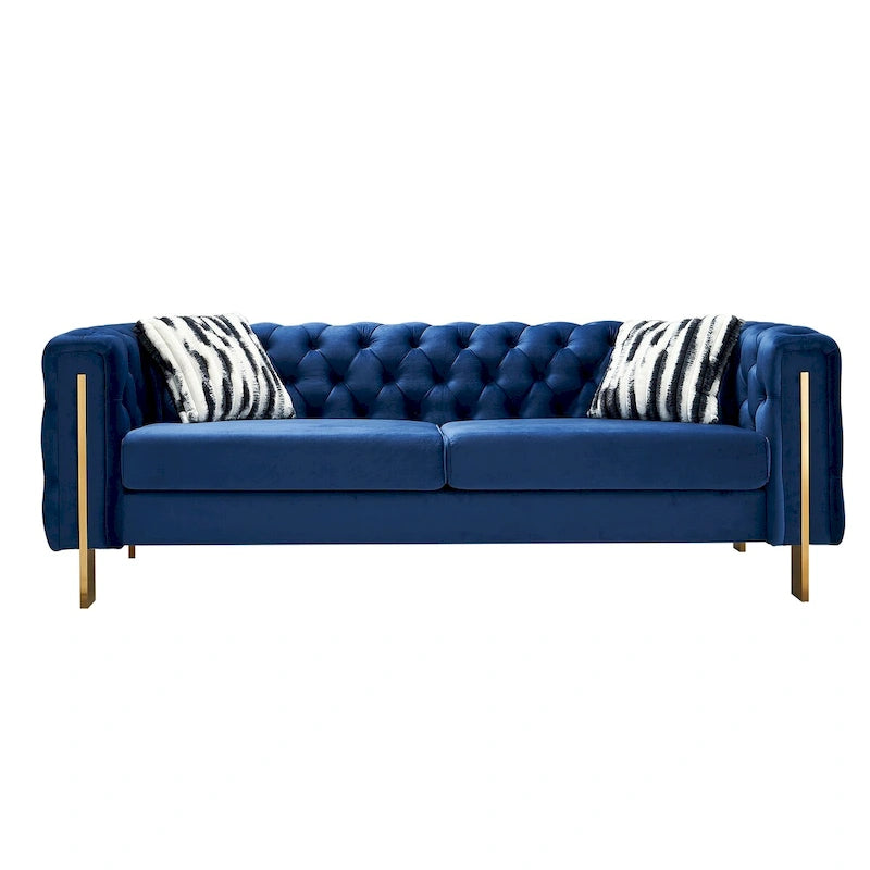 Tufted Velvet 3-Seater Sofa – Square Arm, Golden Legs | Cream / Blue / Mint Green / Pink / Green / Black