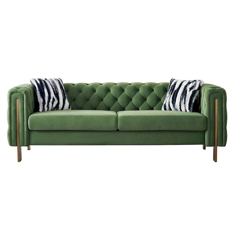 Tufted Velvet 3-Seater Sofa – Square Arm, Golden Legs | Cream / Blue / Mint Green / Pink / Green / Black