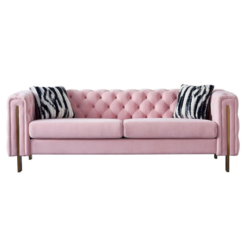 Tufted Velvet 3-Seater Sofa – Square Arm, Golden Legs | Cream / Blue / Mint Green / Pink / Green / Black