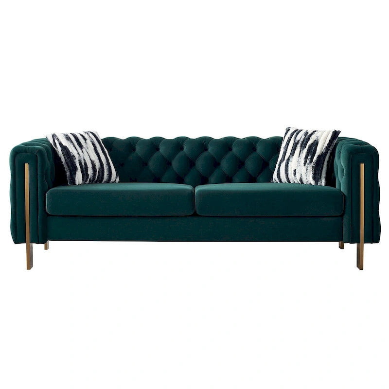 Tufted Velvet 3-Seater Sofa – Square Arm, Golden Legs | Cream / Blue / Mint Green / Pink / Green / Black