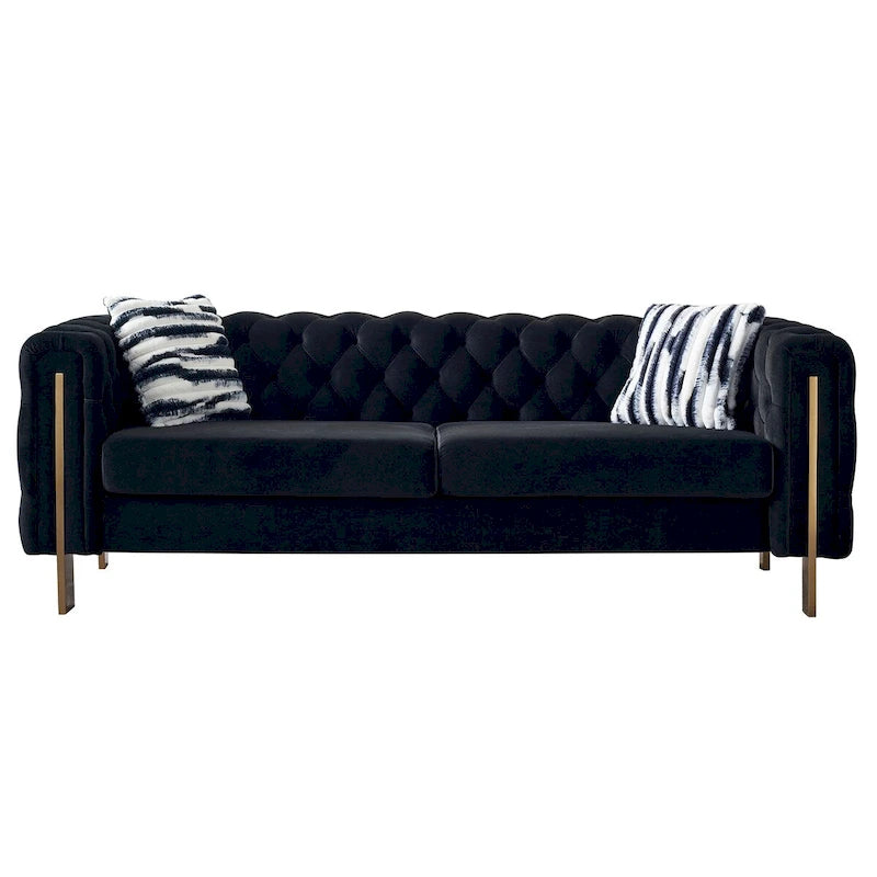 Tufted Velvet 3-Seater Sofa – Square Arm, Golden Legs | Cream / Blue / Mint Green / Pink / Green / Black