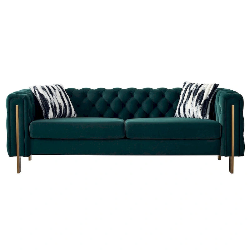 Tufted Velvet 3-Seater Sofa – Square Arm, Golden Legs | Cream / Blue / Mint Green / Pink / Green / Black