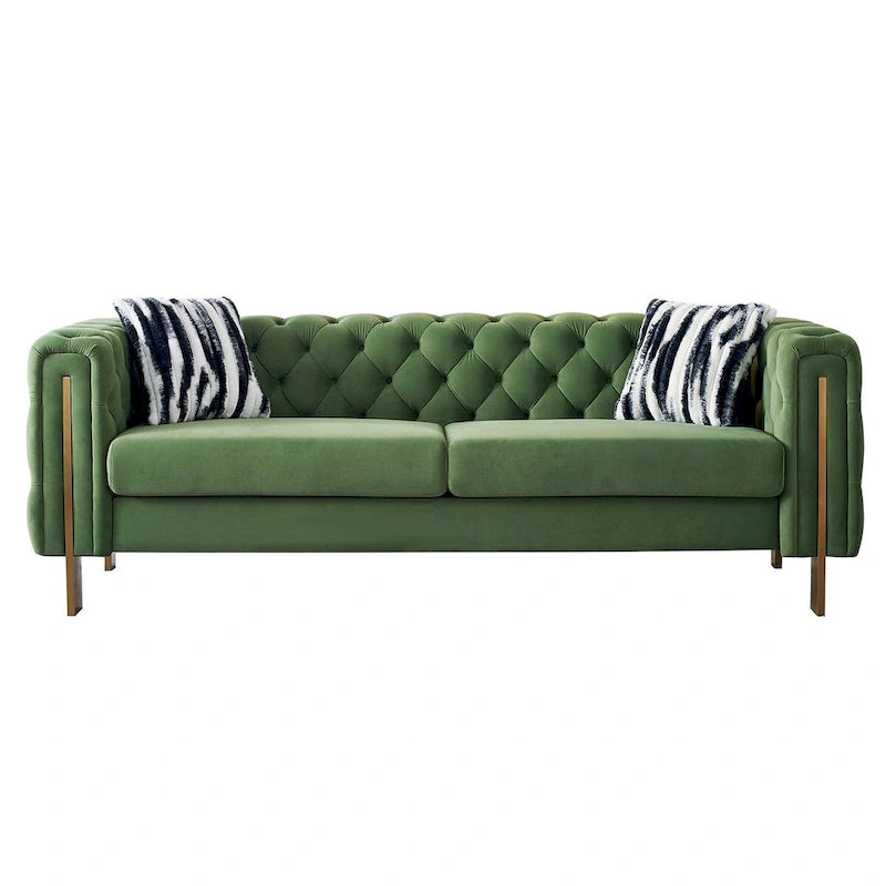 Tufted Velvet 3-Seater Sofa – Square Arm, Golden Legs | Cream / Blue / Mint Green / Pink / Green / Black