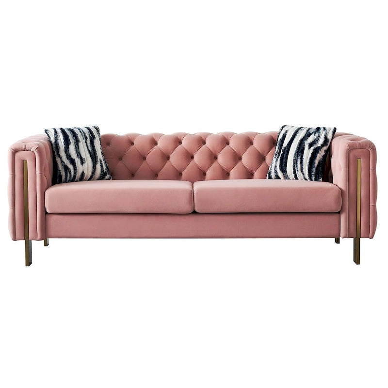 Tufted Velvet 3-Seater Sofa – Square Arm, Golden Legs | Cream / Blue / Mint Green / Pink / Green / Black