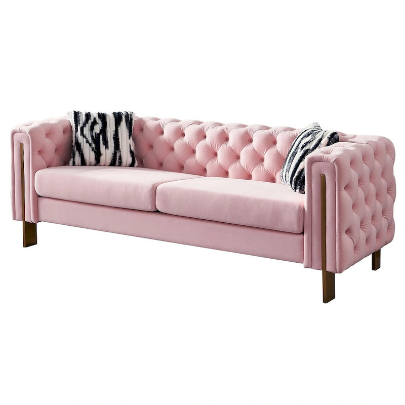 Tufted Velvet 3-Seater Sofa – Square Arm, Golden Legs | Cream / Blue / Mint Green / Pink / Green / Black