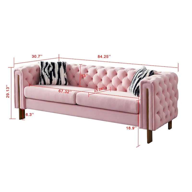 Tufted Velvet 3-Seater Sofa – Square Arm, Golden Legs | Cream / Blue / Mint Green / Pink / Green / Black