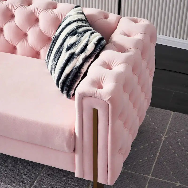 Tufted Velvet 3-Seater Sofa – Square Arm, Golden Legs | Cream / Blue / Mint Green / Pink / Green / Black