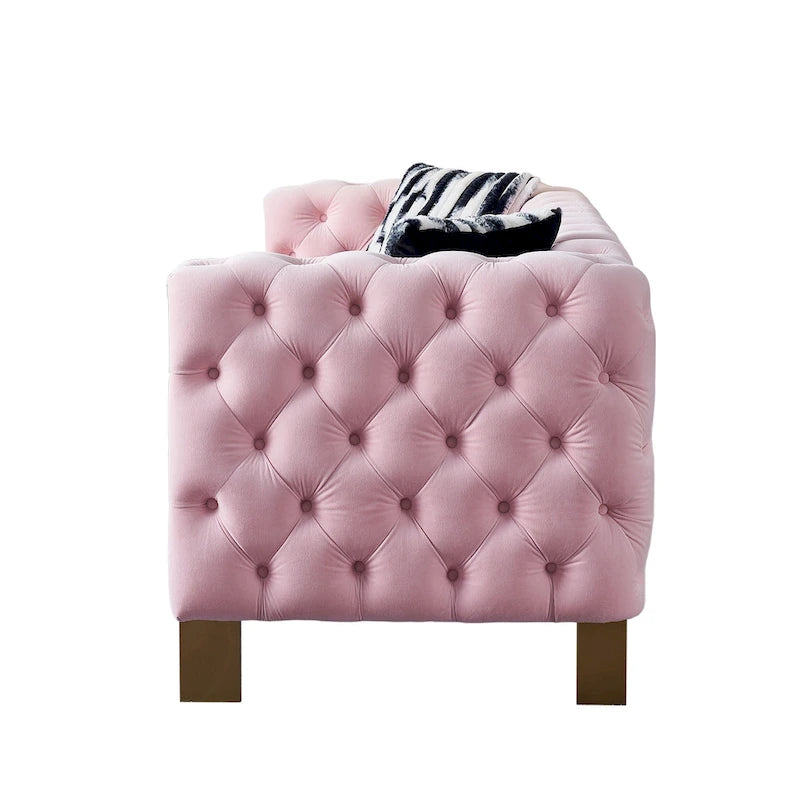 Tufted Velvet 3-Seater Sofa – Square Arm, Golden Legs | Cream / Blue / Mint Green / Pink / Green / Black