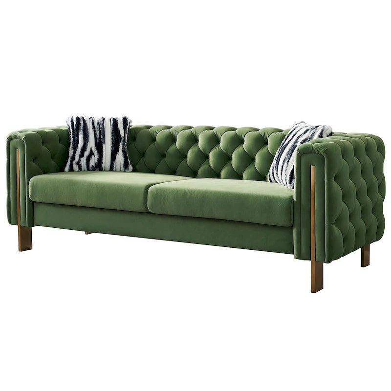 Tufted Velvet 3-Seater Sofa – Square Arm, Golden Legs | Cream / Blue / Mint Green / Pink / Green / Black