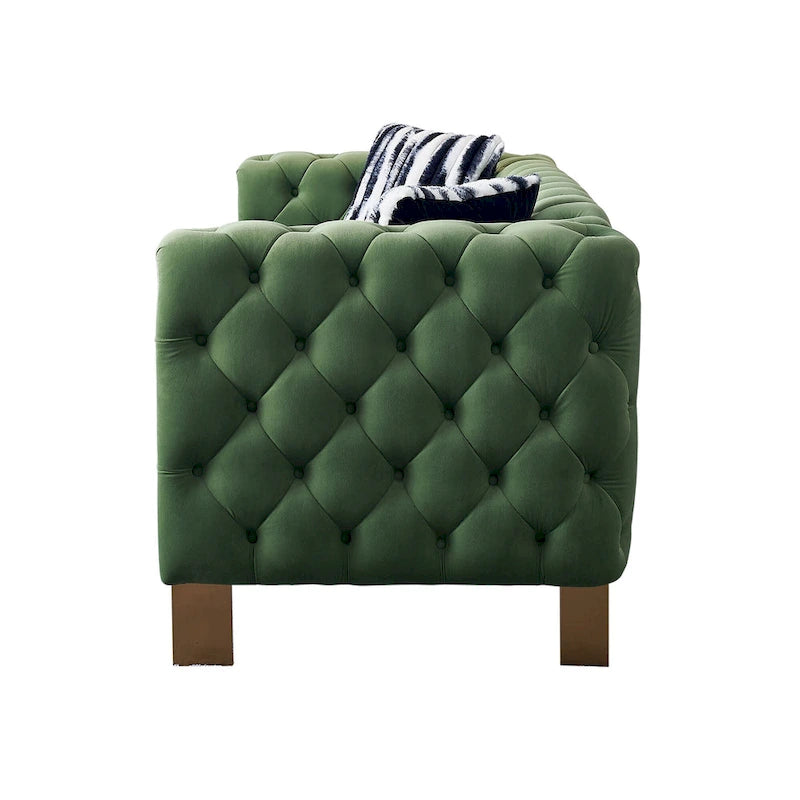 Tufted Velvet 3-Seater Sofa – Square Arm, Golden Legs | Cream / Blue / Mint Green / Pink / Green / Black