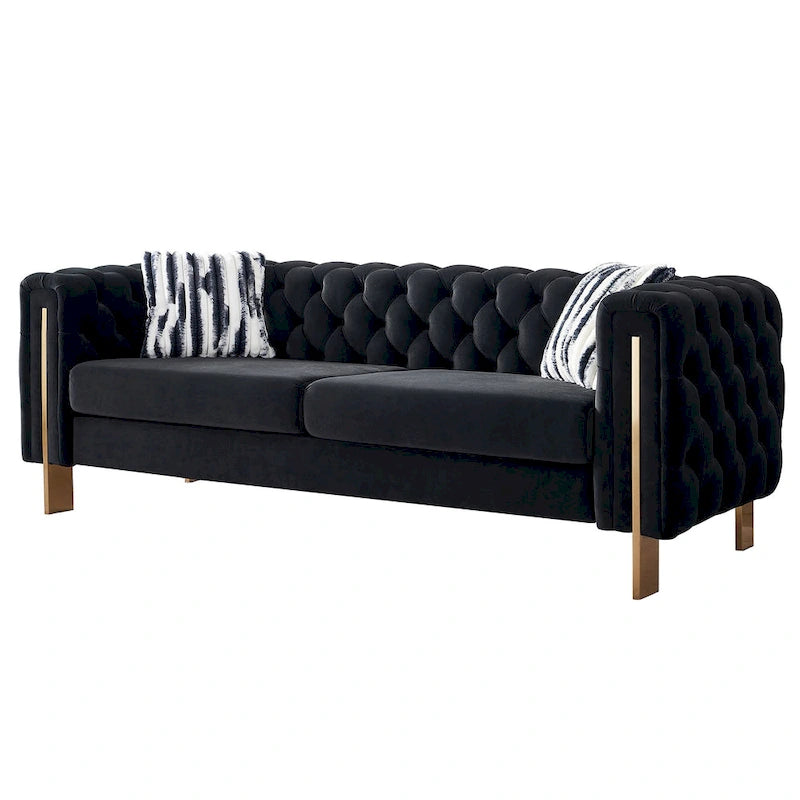 Tufted Velvet 3-Seater Sofa – Square Arm, Golden Legs | Cream / Blue / Mint Green / Pink / Green / Black