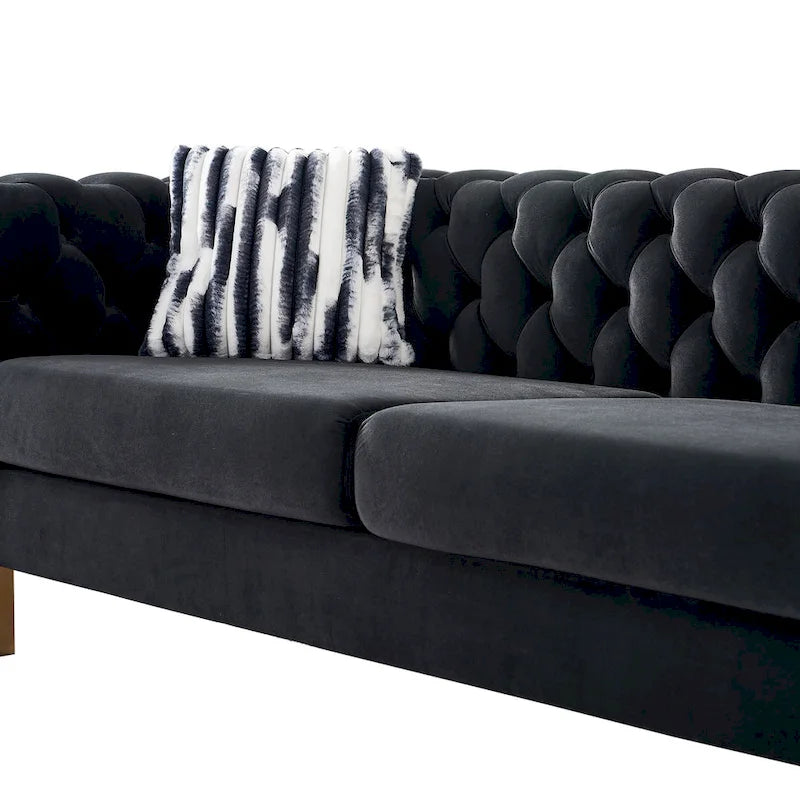 Tufted Velvet 3-Seater Sofa – Square Arm, Golden Legs | Cream / Blue / Mint Green / Pink / Green / Black