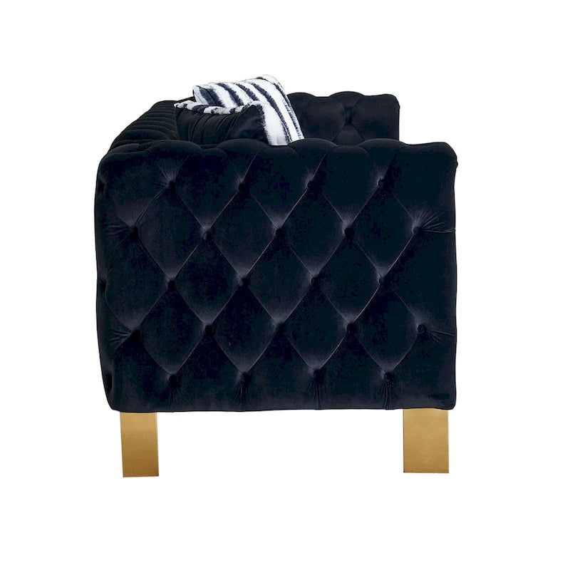 Tufted Velvet 3-Seater Sofa – Square Arm, Golden Legs | Cream / Blue / Mint Green / Pink / Green / Black