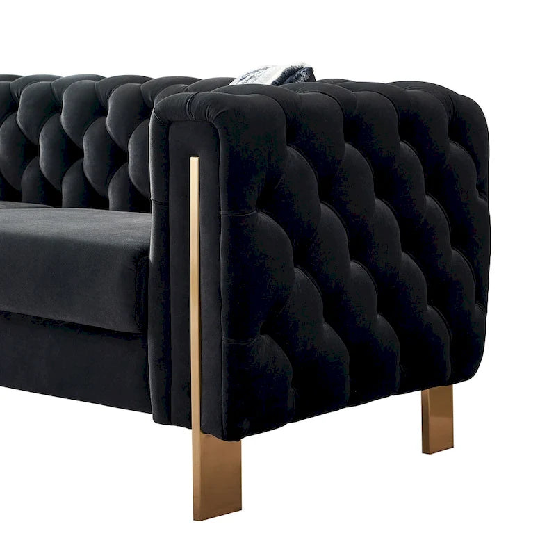 Tufted Velvet 3-Seater Sofa – Square Arm, Golden Legs | Cream / Blue / Mint Green / Pink / Green / Black