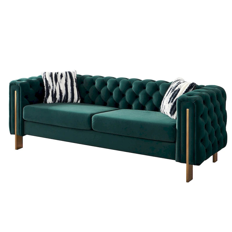 Tufted Velvet 3-Seater Sofa – Square Arm, Golden Legs | Cream / Blue / Mint Green / Pink / Green / Black