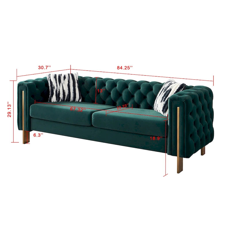 Tufted Velvet 3-Seater Sofa – Square Arm, Golden Legs | Cream / Blue / Mint Green / Pink / Green / Black
