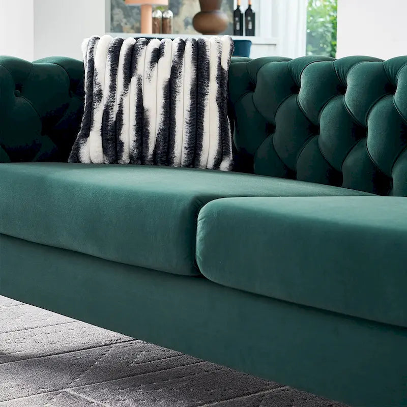 Tufted Velvet 3-Seater Sofa – Square Arm, Golden Legs | Cream / Blue / Mint Green / Pink / Green / Black