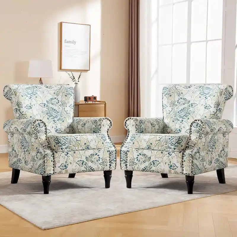 Floral Upholstered Accent Armchair with Nailhead Trim, Set of 2