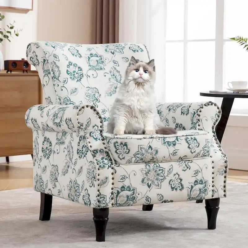 Floral Upholstered Accent Armchair with Nailhead Trim, Set of 2