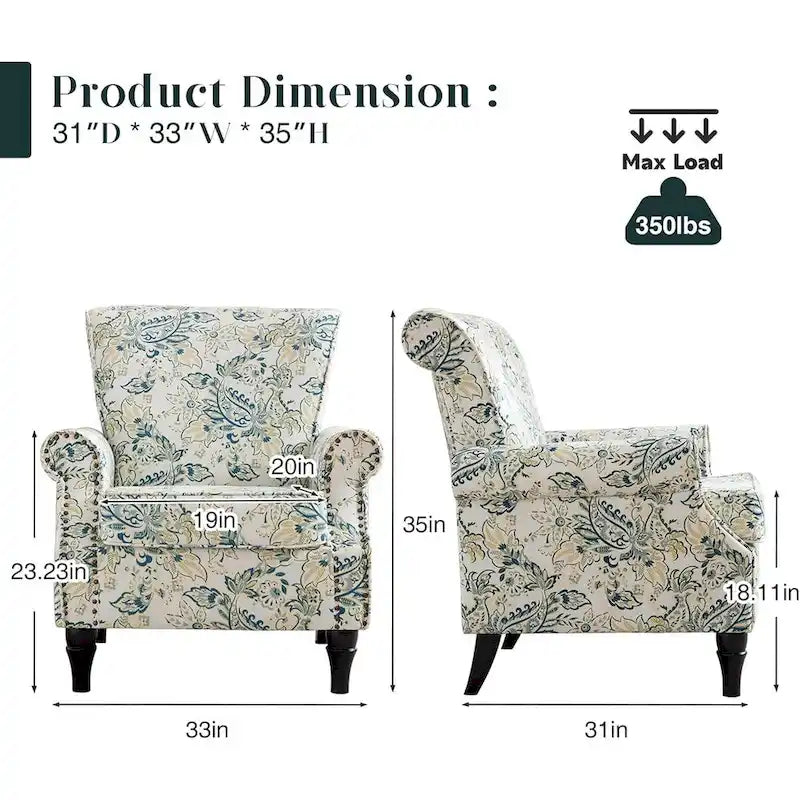 Floral Upholstered Accent Armchair with Nailhead Trim, Set of 2
