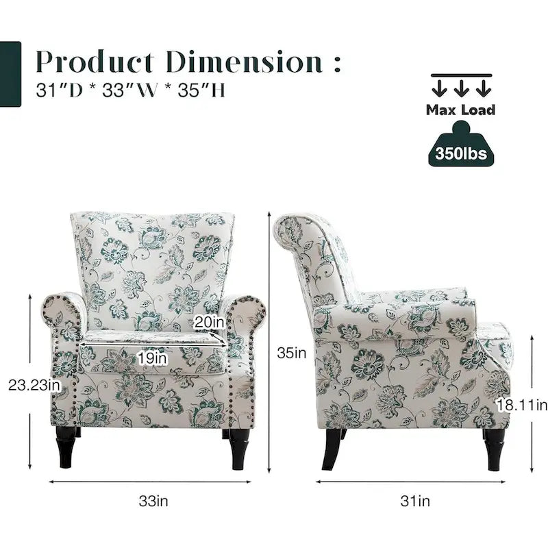 Floral Upholstered Accent Armchair with Nailhead Trim, Set of 2