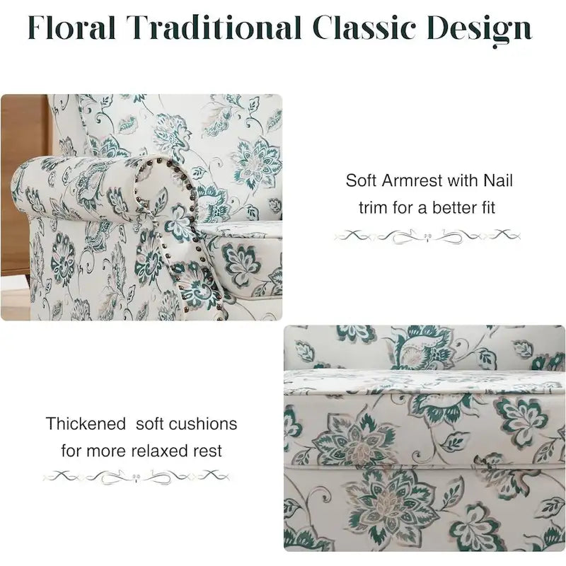 Floral Upholstered Accent Armchair with Nailhead Trim, Set of 2