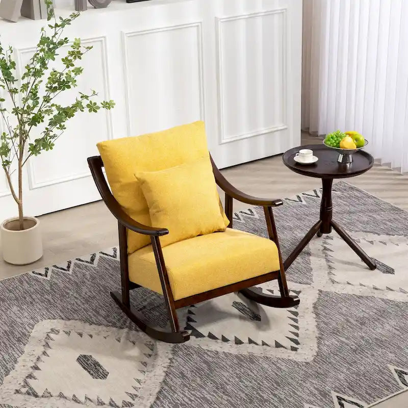 Woven Fabric Rocking Chair with Solid Wood Frame | Light Brown / Yellow / Light Green | Single Seat