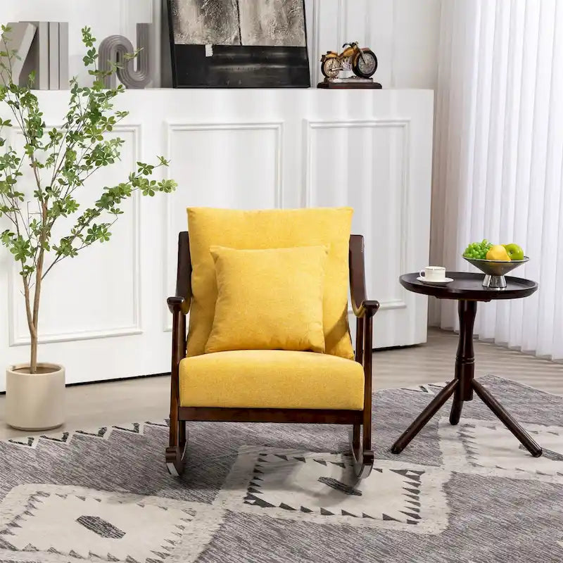 Woven Fabric Rocking Chair with Solid Wood Frame | Light Brown / Yellow / Light Green | Single Seat