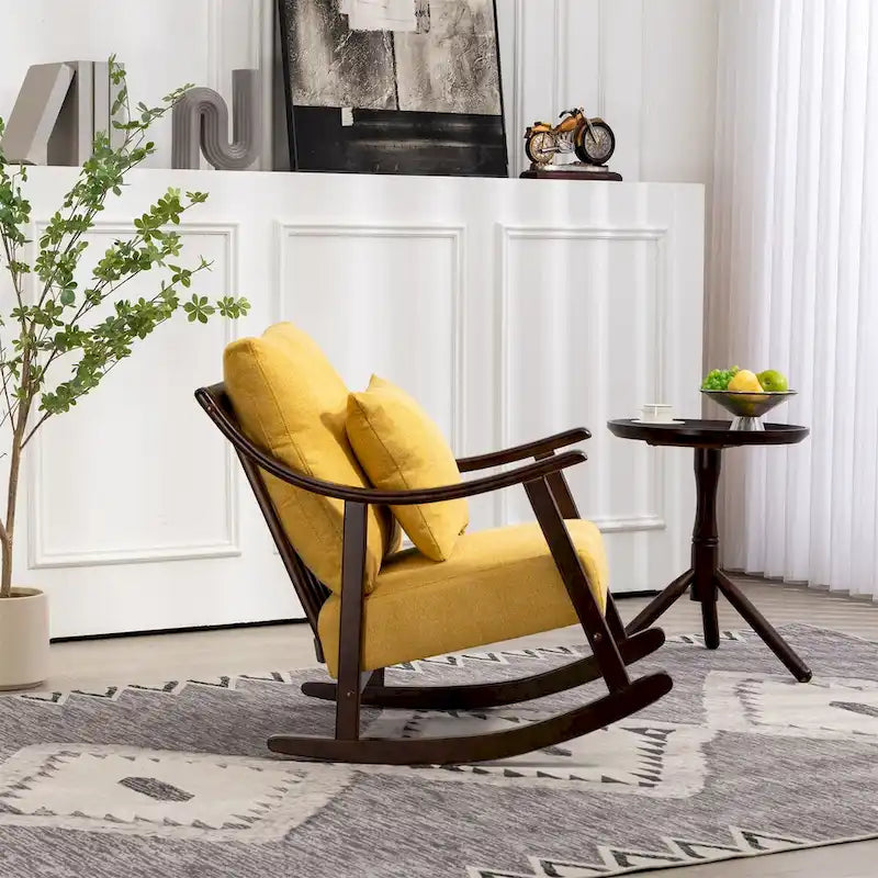 Woven Fabric Rocking Chair with Solid Wood Frame | Light Brown / Yellow / Light Green | Single Seat