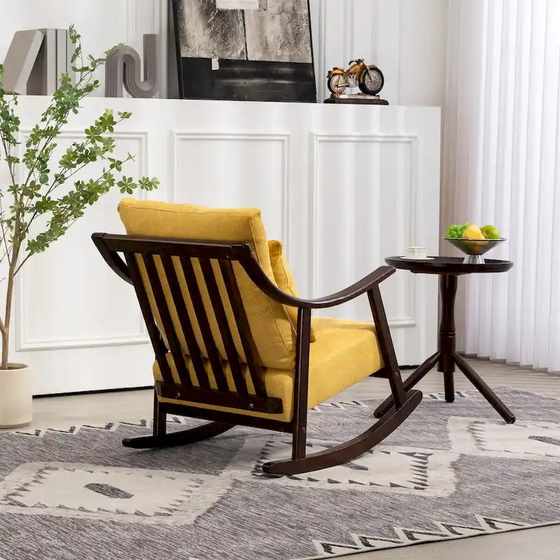Woven Fabric Rocking Chair with Solid Wood Frame | Light Brown / Yellow / Light Green | Single Seat
