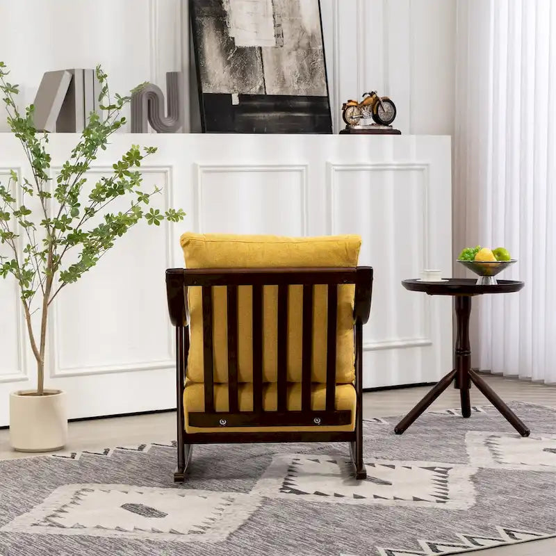Woven Fabric Rocking Chair with Solid Wood Frame | Light Brown / Yellow / Light Green | Single Seat