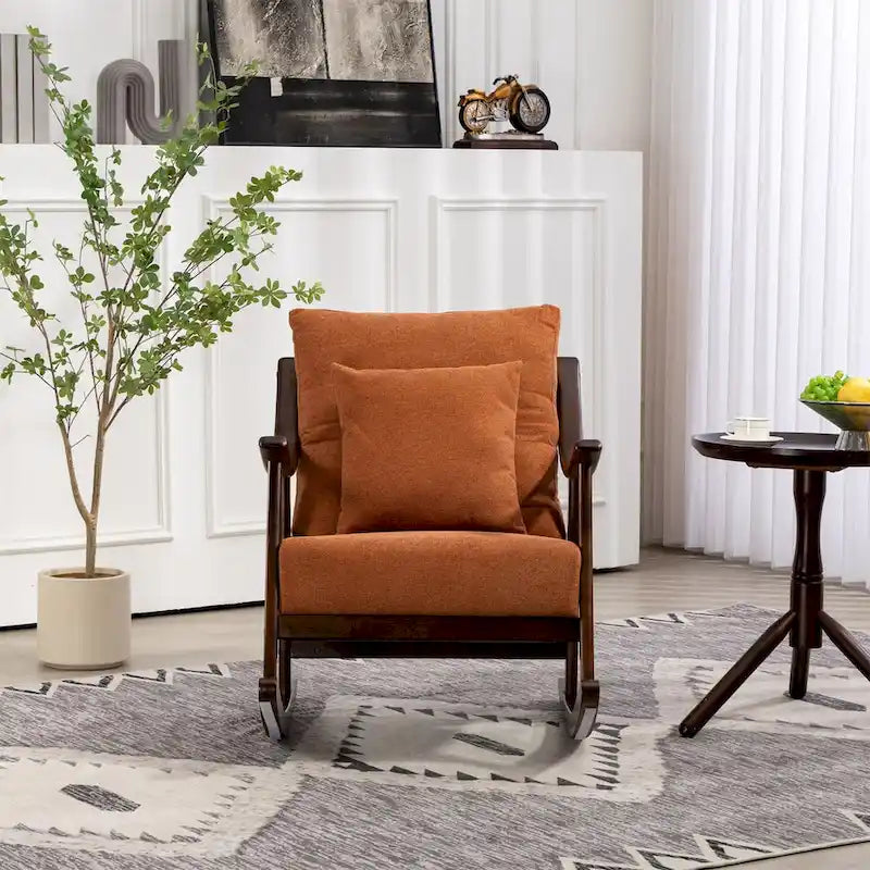 Woven Fabric Rocking Chair with Solid Wood Frame | Light Brown / Yellow / Light Green | Single Seat